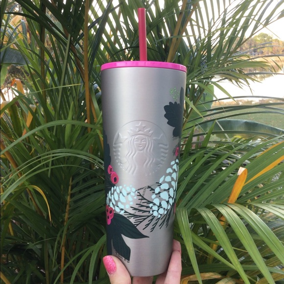 Starbucks Holiday Holly Cold Cup Brushed Silver Stainless Steel Tumbler 24oz New - Picture 6 of 14